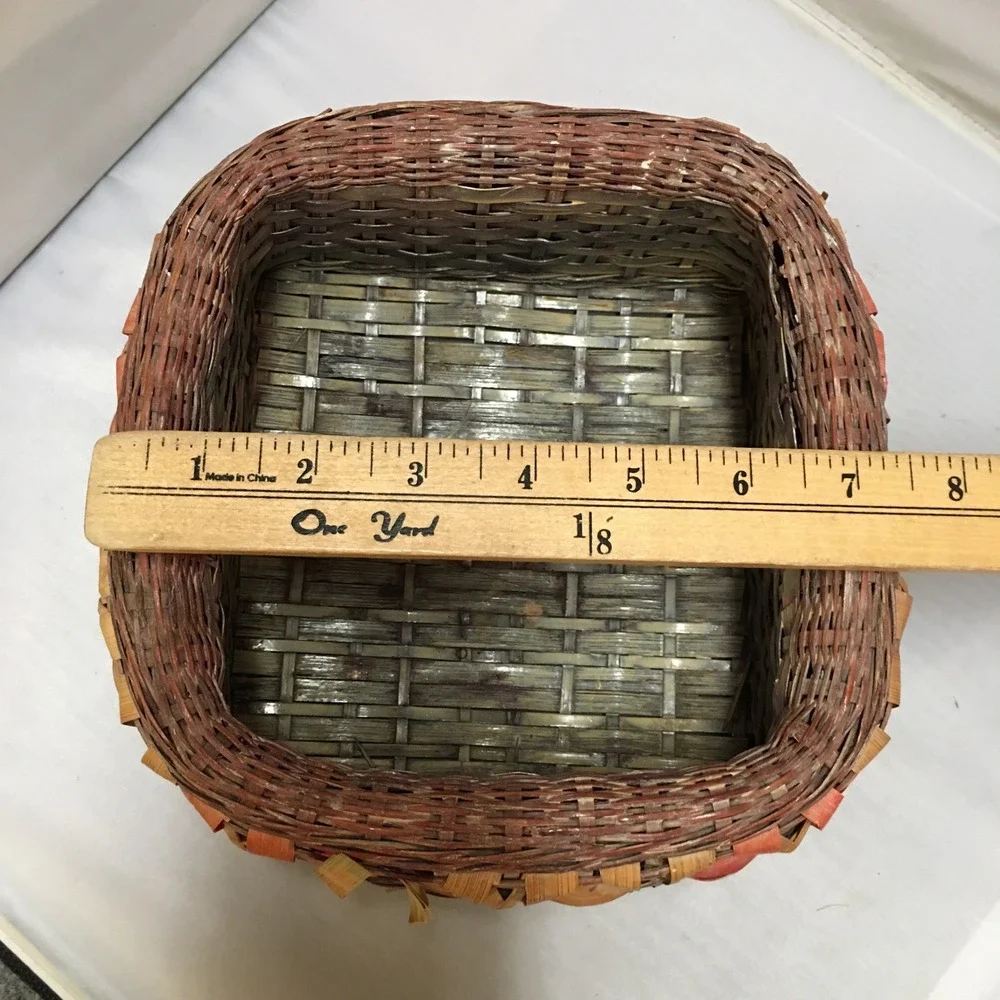 Woven Splint Basket OS Brown Pink Flower Pattern Square Basket Cottagecore